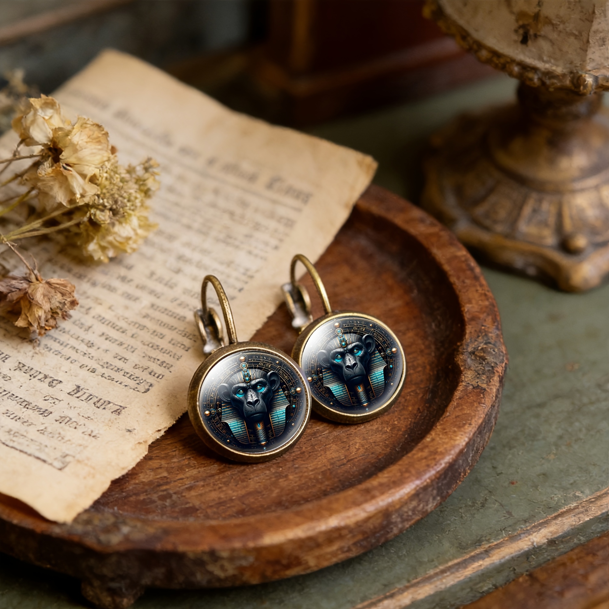 Antique Cyan Round Classical Earrings with Baboon Head Design